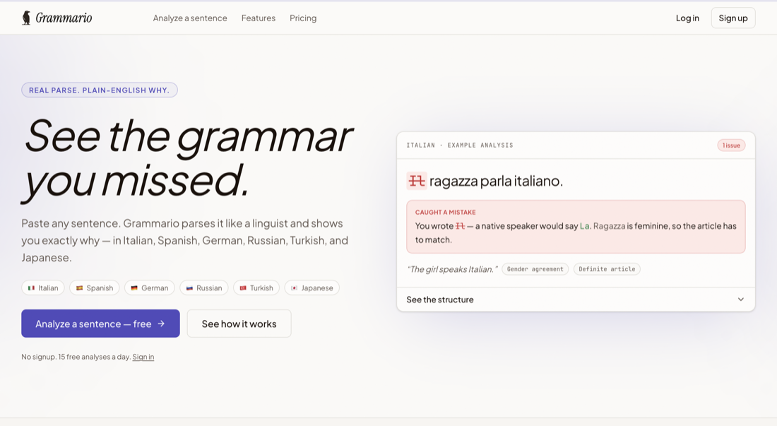 Grammario homepage: See the grammar you missed, beside an Italian example analysis that catches a gender agreement mistake