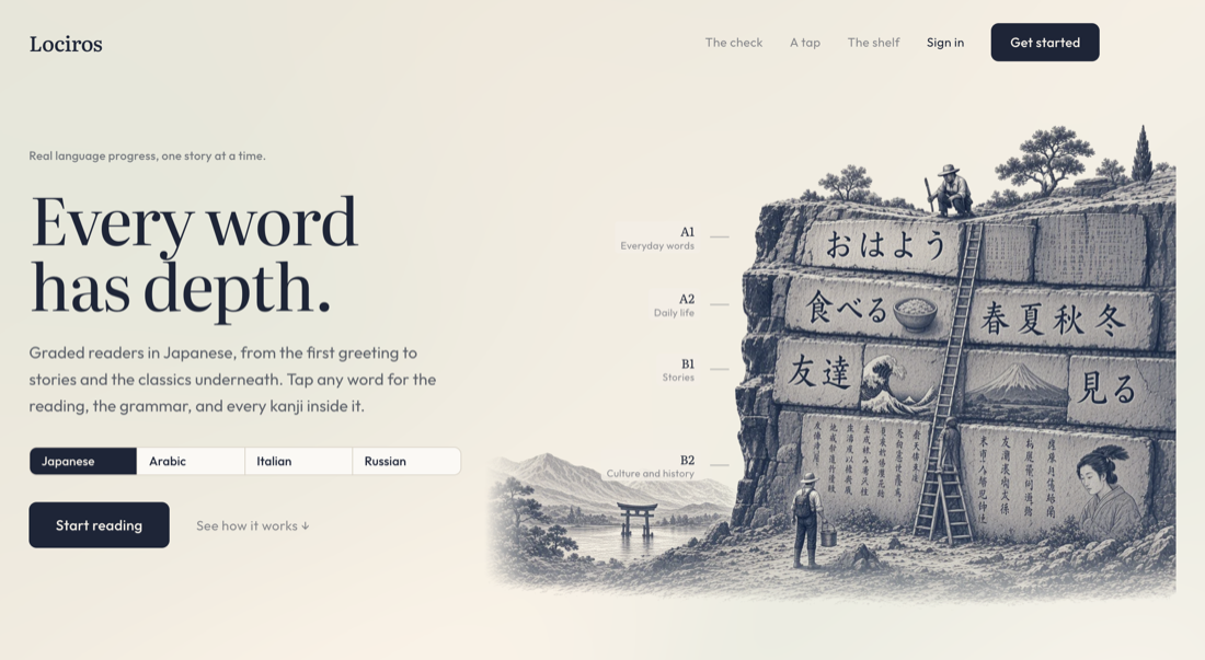 Lociros homepage: Every word has depth, beside an engraved cliff of Japanese words graded A1 to B2